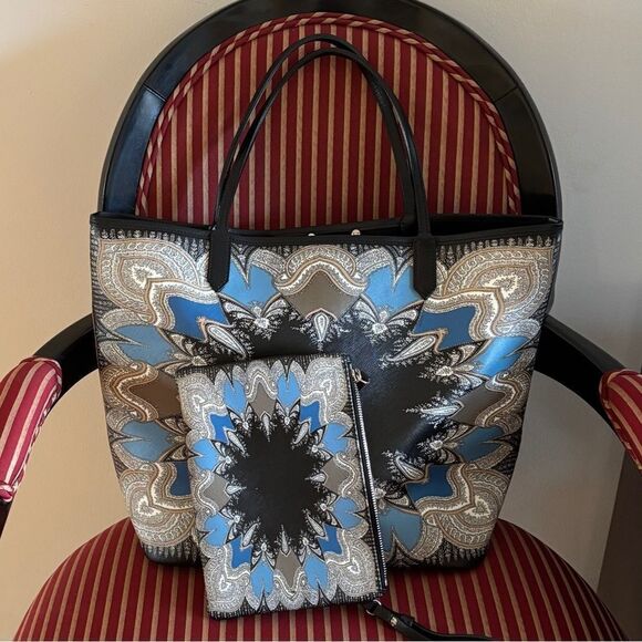 GIVENCHY Black Red & Blue White Scarf Print PVC Leather Tote Bag w inside bag - Picture 2 of 16